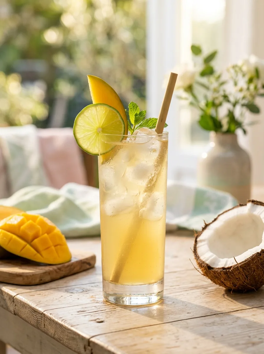 A mango coconut cooler in a tall glass with a lime wheel and mango slice.