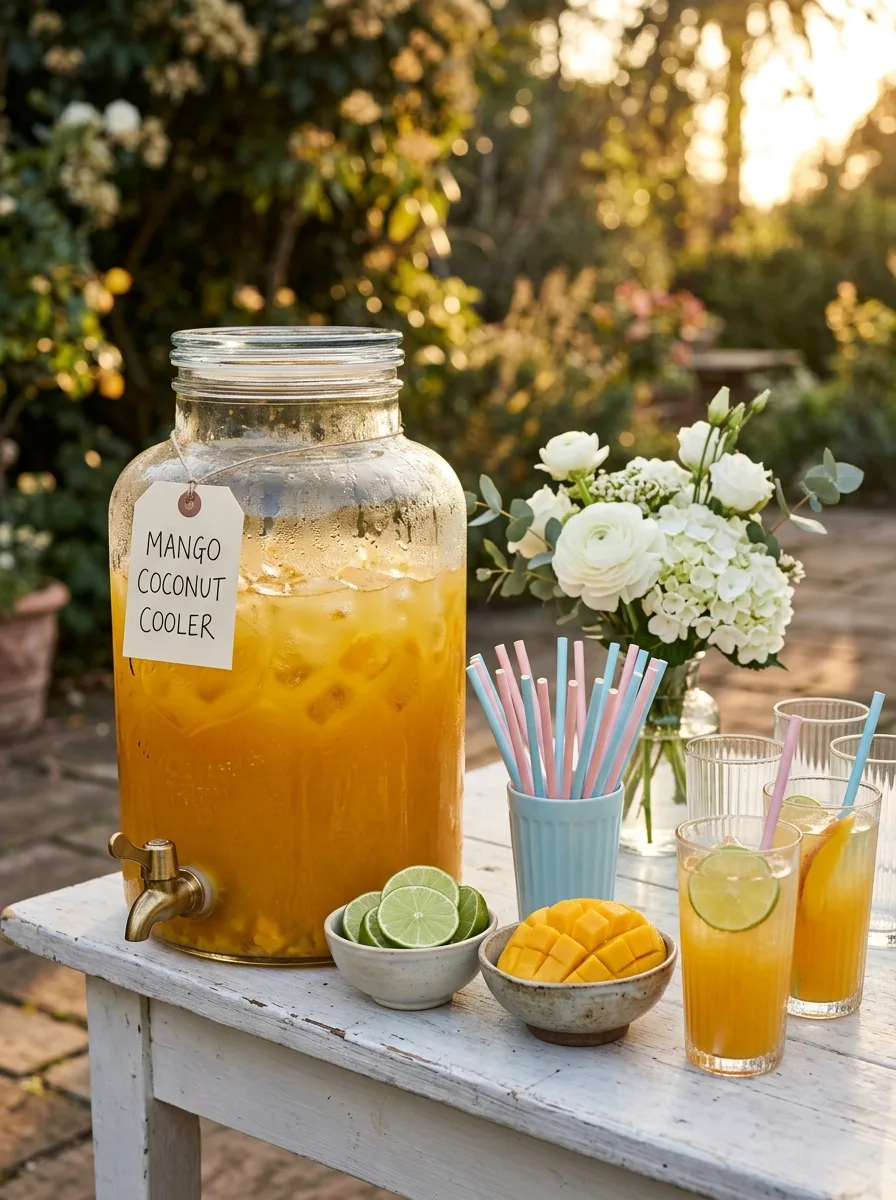 A pastel drink station with a dispenser of mango cooler and fruit garnishes.