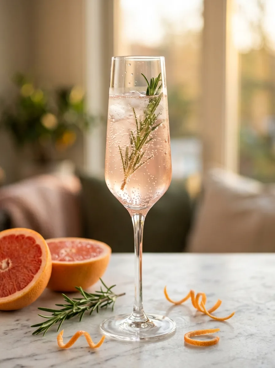 A pink grapefruit rosemary sparkler in a flute with a rosemary sprig.