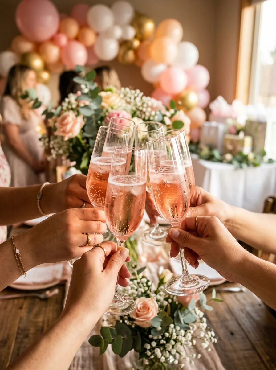 Hands clinking pink drinks at a baby shower.