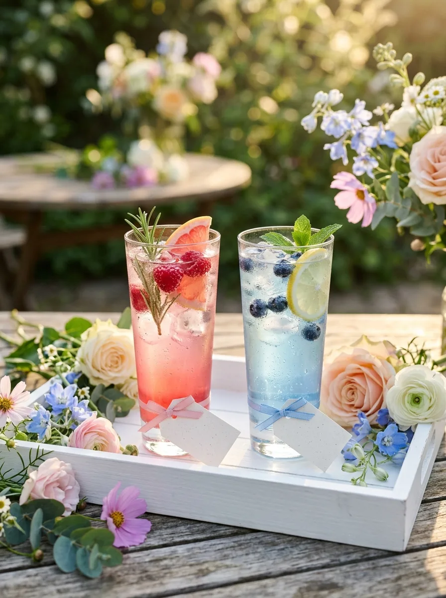 A tray of pink and blue drinks with small blank tags.
