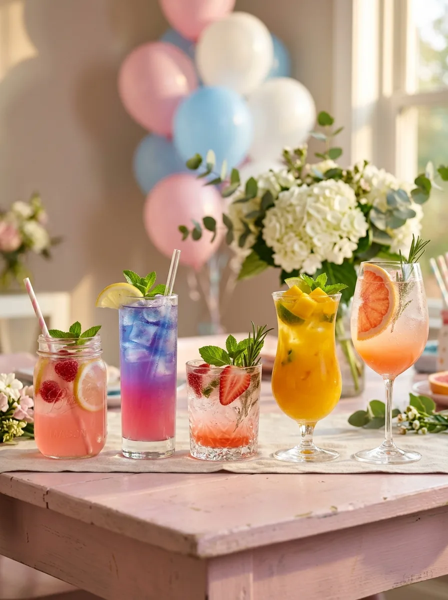 All five baby shower mocktails lined up on a pastel table.