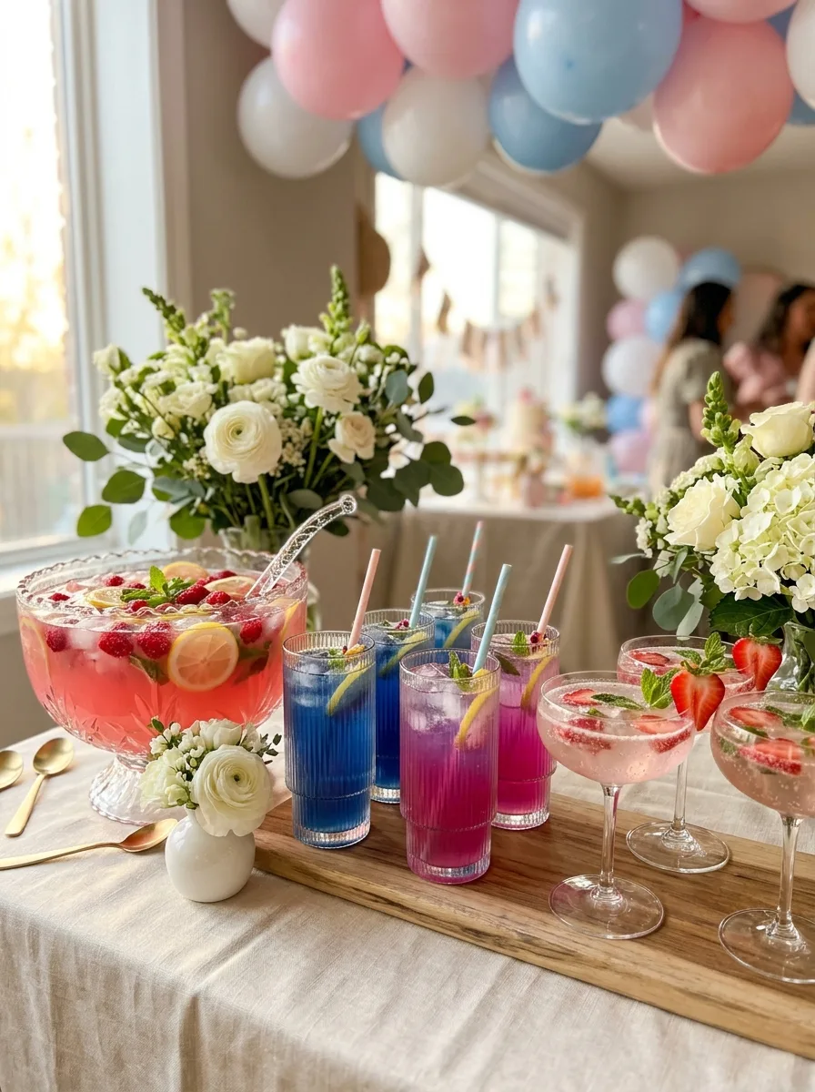 A baby shower drinks table with a pink lemonade punch bowl, blue and pink color-changing lemonades, and strawberry sparklers among pastel flowers and balloons.