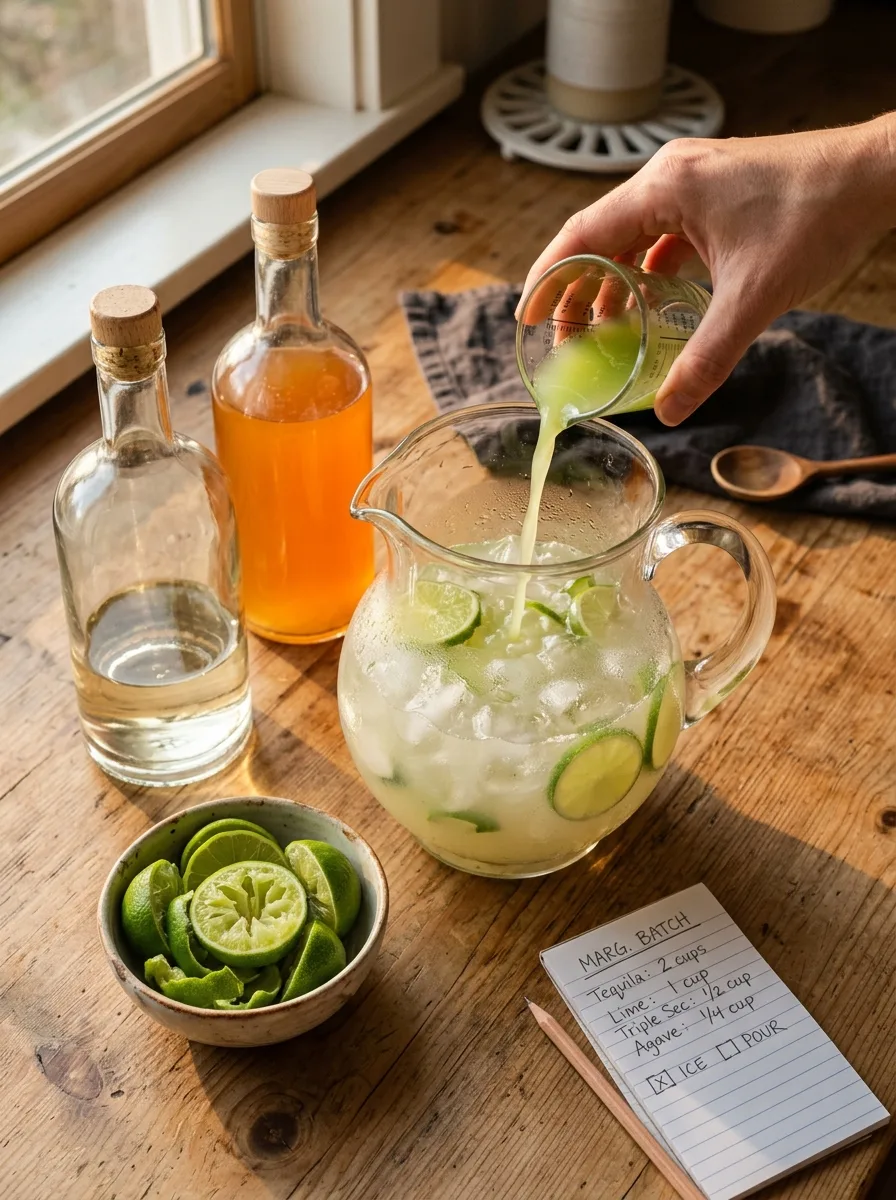 Measuring cups and a large pitcher with tequila, lime juice, and orange liqueur being combined.