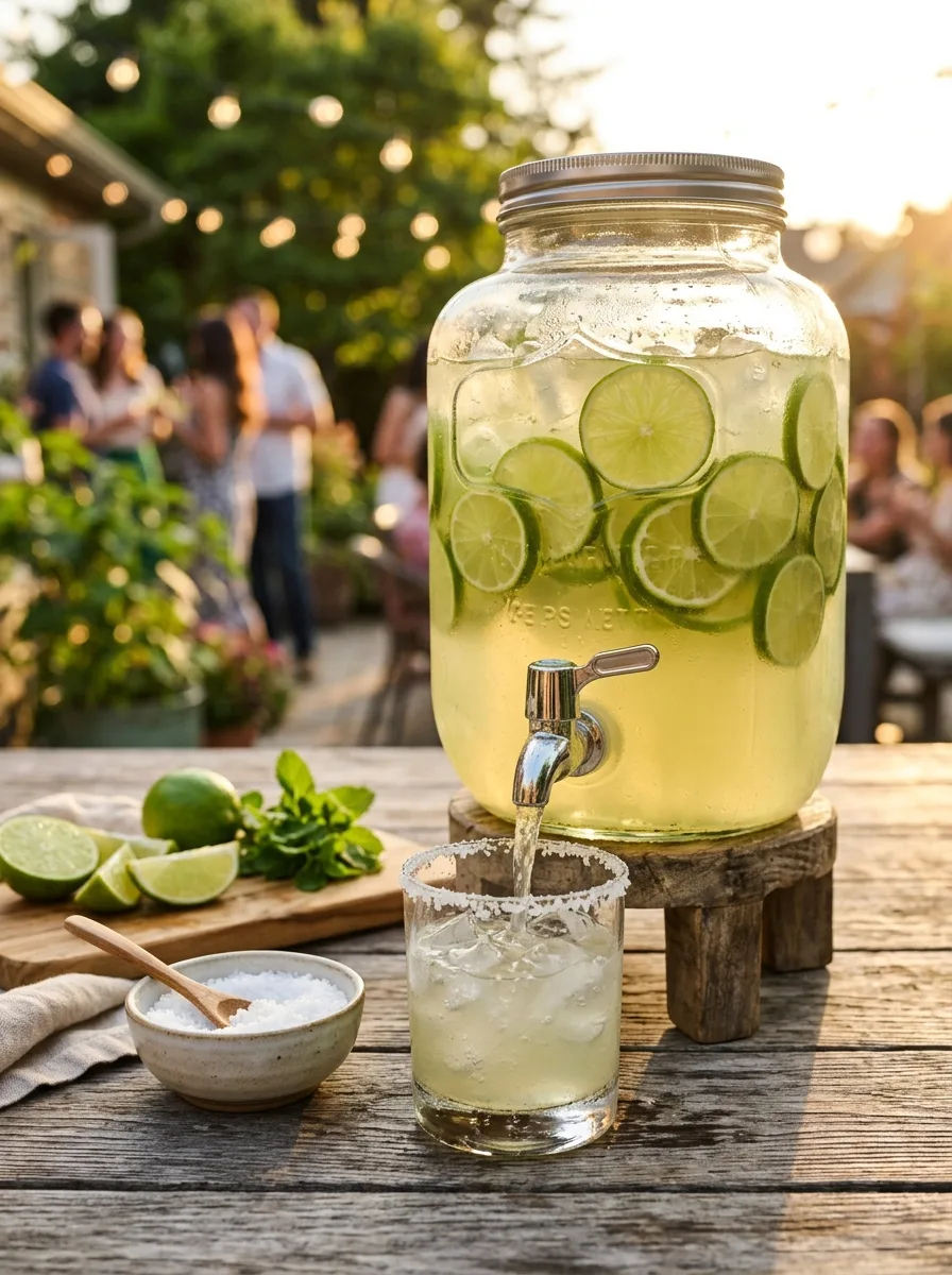A glass drink dispenser of margaritas with lime wheels and a salt-rimmed glass underneath the tap.