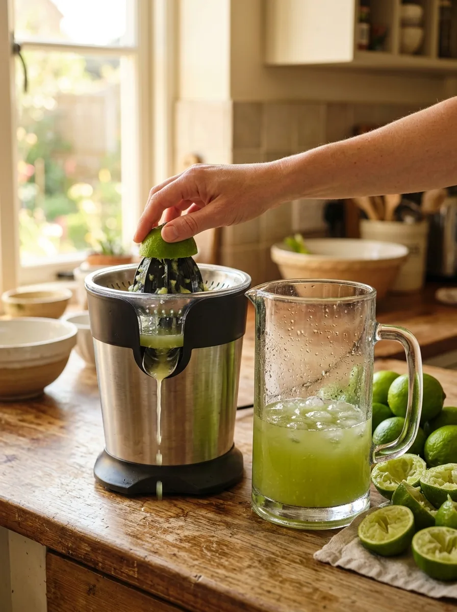Lots of limes being juiced with an electric citrus juicer into a large jug.