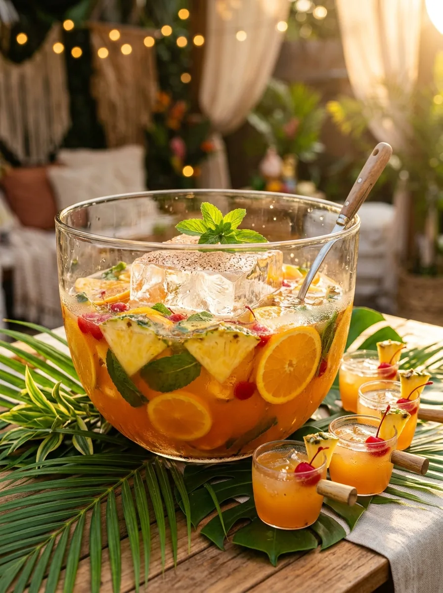 A punch bowl of amber party rum punch with orange and pineapple slices and grated nutmeg.