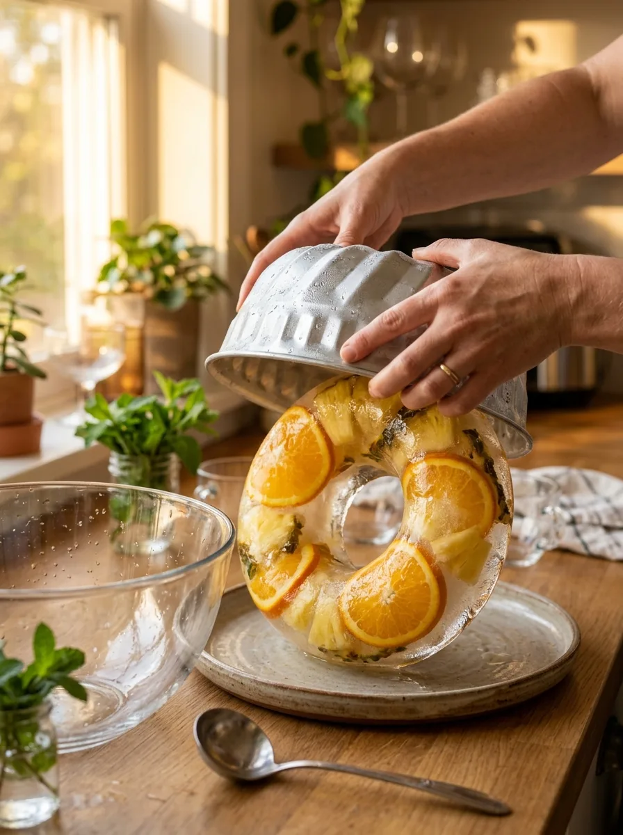 A bundt-pan ice ring with fruit being unmolded next to a punch bowl.