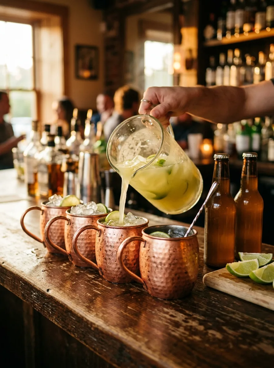 A row of copper mugs being filled with a big-batch Moscow mule from a pitcher.