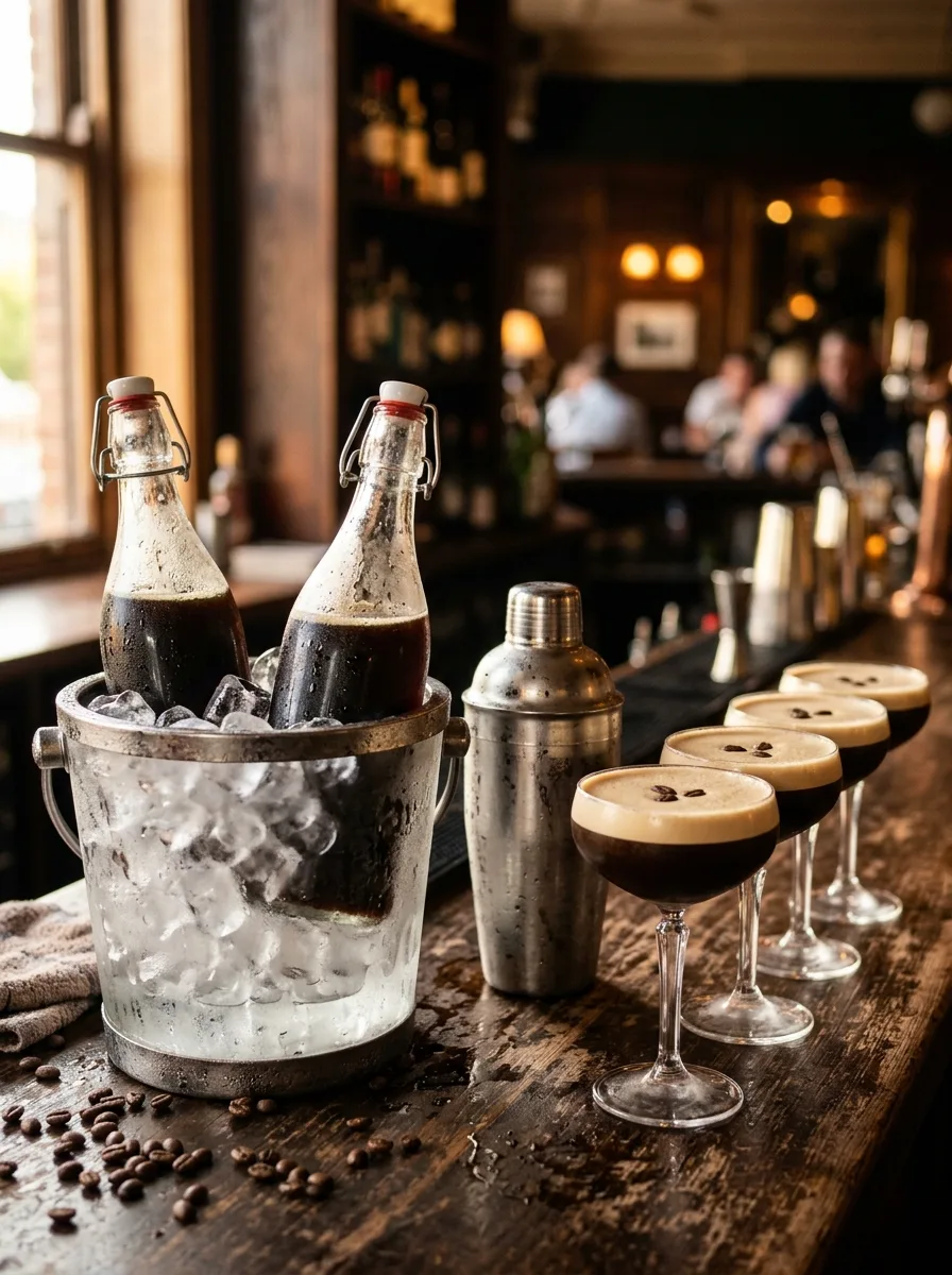 Swing-top bottles of batched espresso martini chilling on ice with coupes nearby.