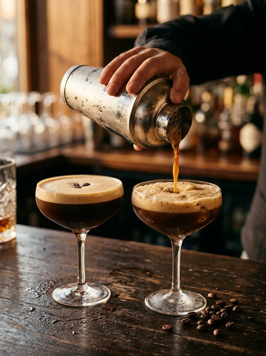 Two espresso martinis being poured from a shaker into coupes, with thick foam.