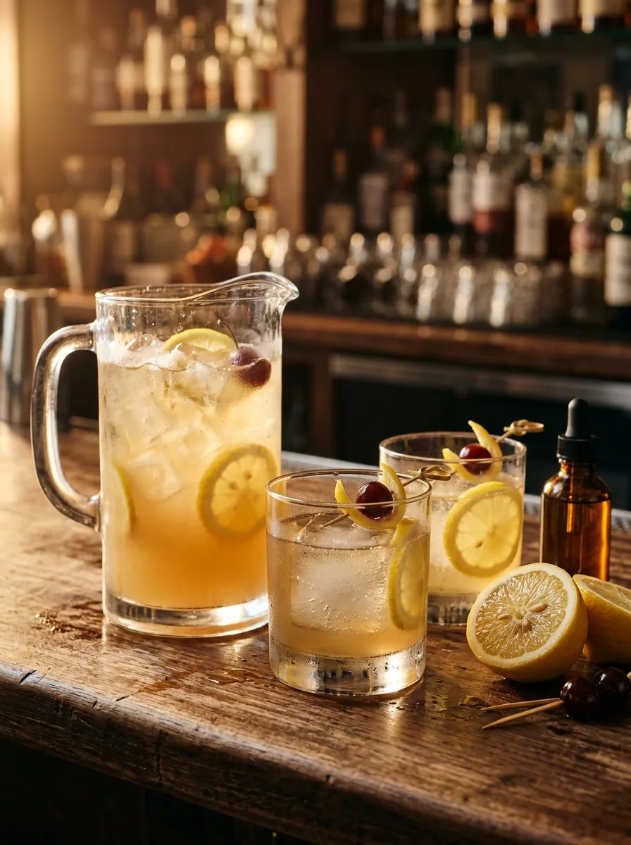 A pitcher of whiskey sours with lemon wheels and rocks glasses.