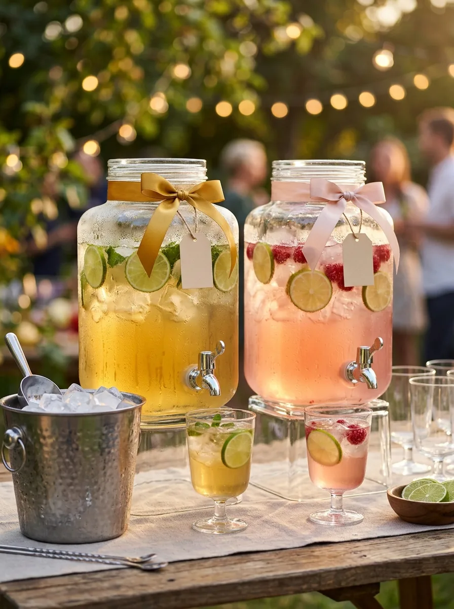A labeled drinks table with a cocktail dispenser and a matching zero-proof dispenser side by side.