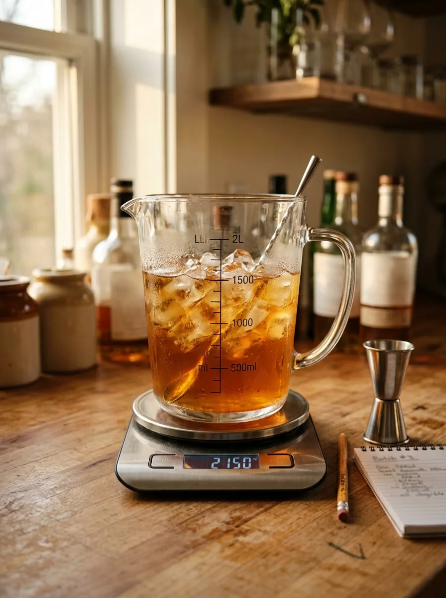 A kitchen scale and measuring jug with a notepad showing drink math.