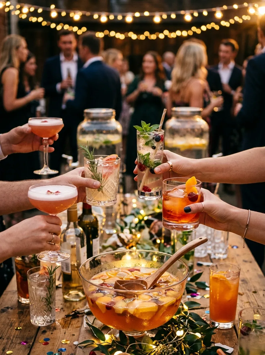 A crowd of hands reaching for batch cocktails and mocktails at a party.