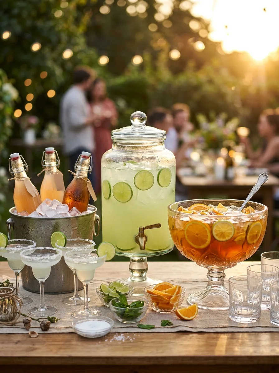 A party table set with big-batch cocktails: a glass dispenser of margaritas, a punch bowl of rum punch, and swing-top bottles of pre-mixed drinks on ice.