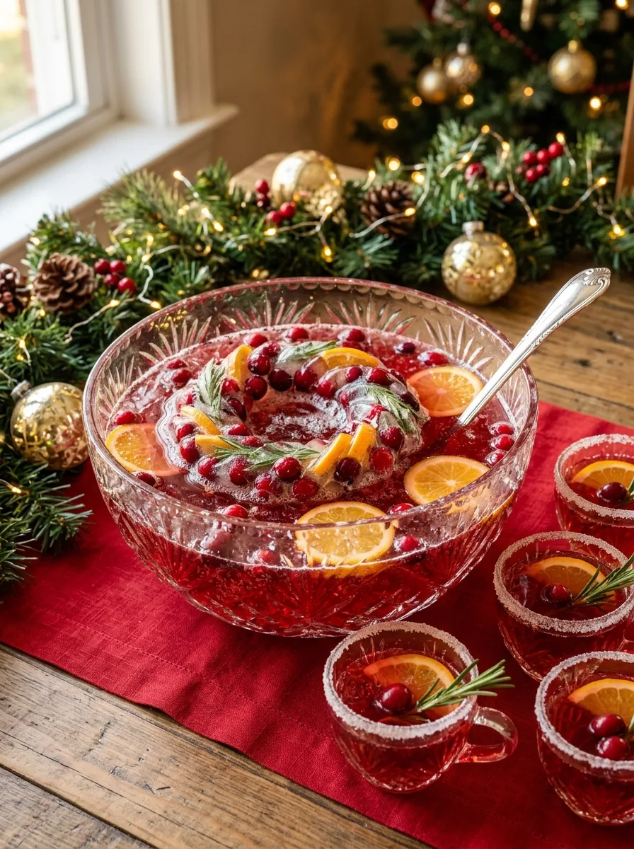 A punch bowl of cranberry rosemary punch with cranberries, orange slices, and an ice ring.