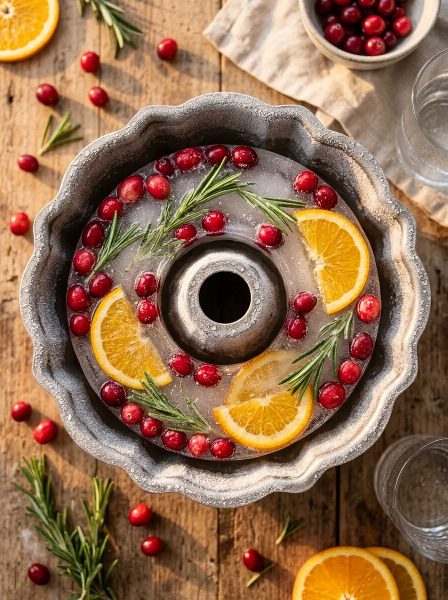 A bundt pan of frozen cranberries, rosemary, and orange slices in ice.