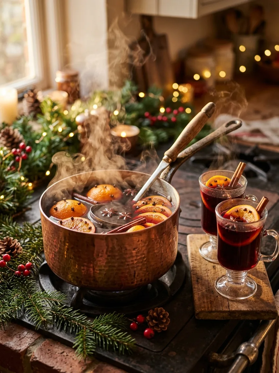 A pot of steaming mulled wine with orange slices, cinnamon sticks, and star anise.