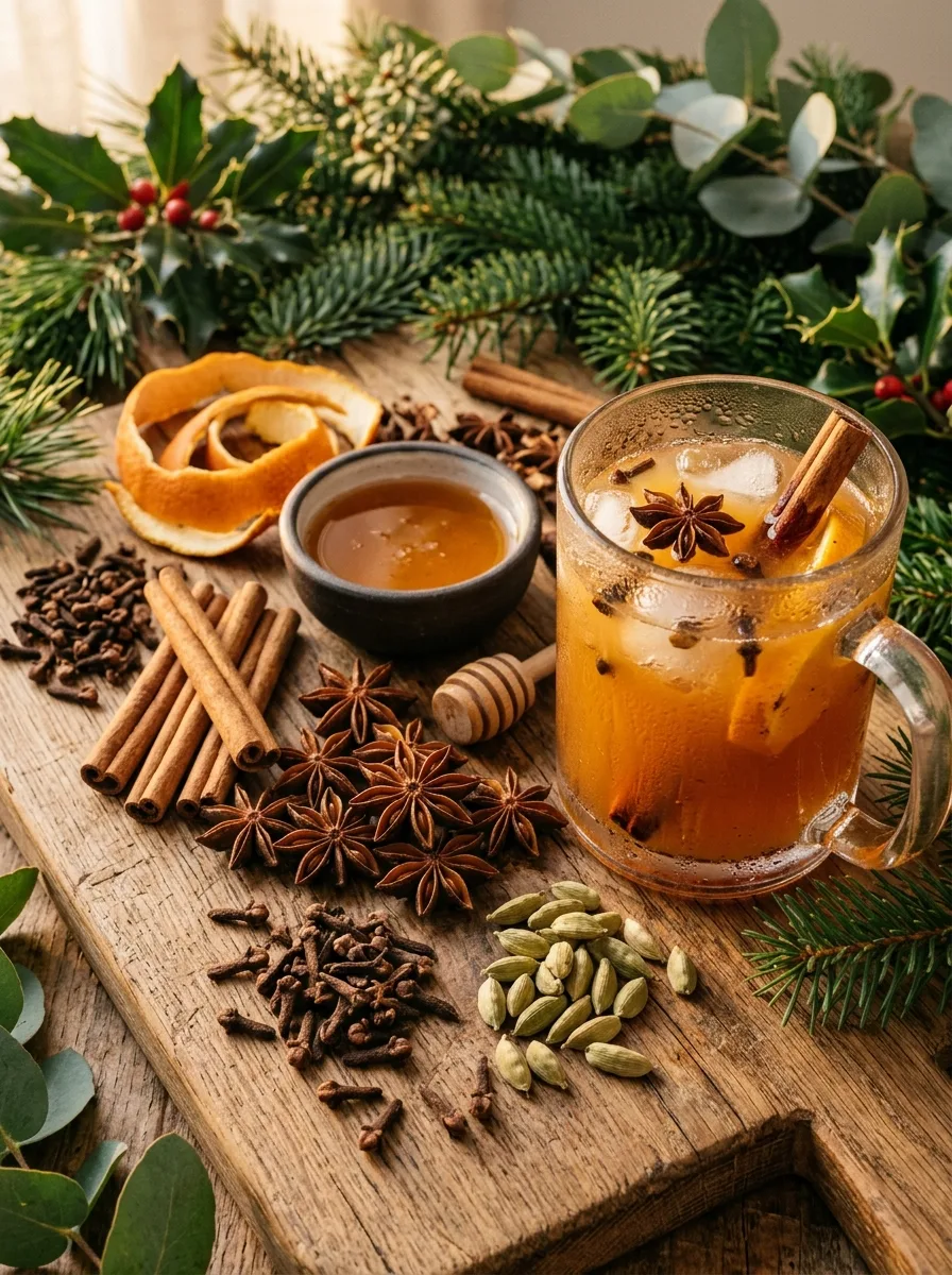 Whole spices for mulled wine: cinnamon sticks, cloves, star anise, and orange peel.