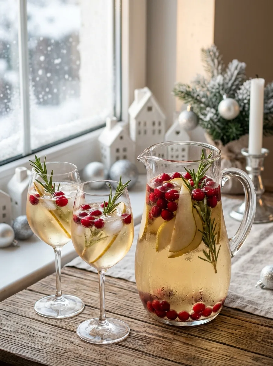 A pitcher of pale white Christmas sangria with cranberries, pear slices, and rosemary sprigs.