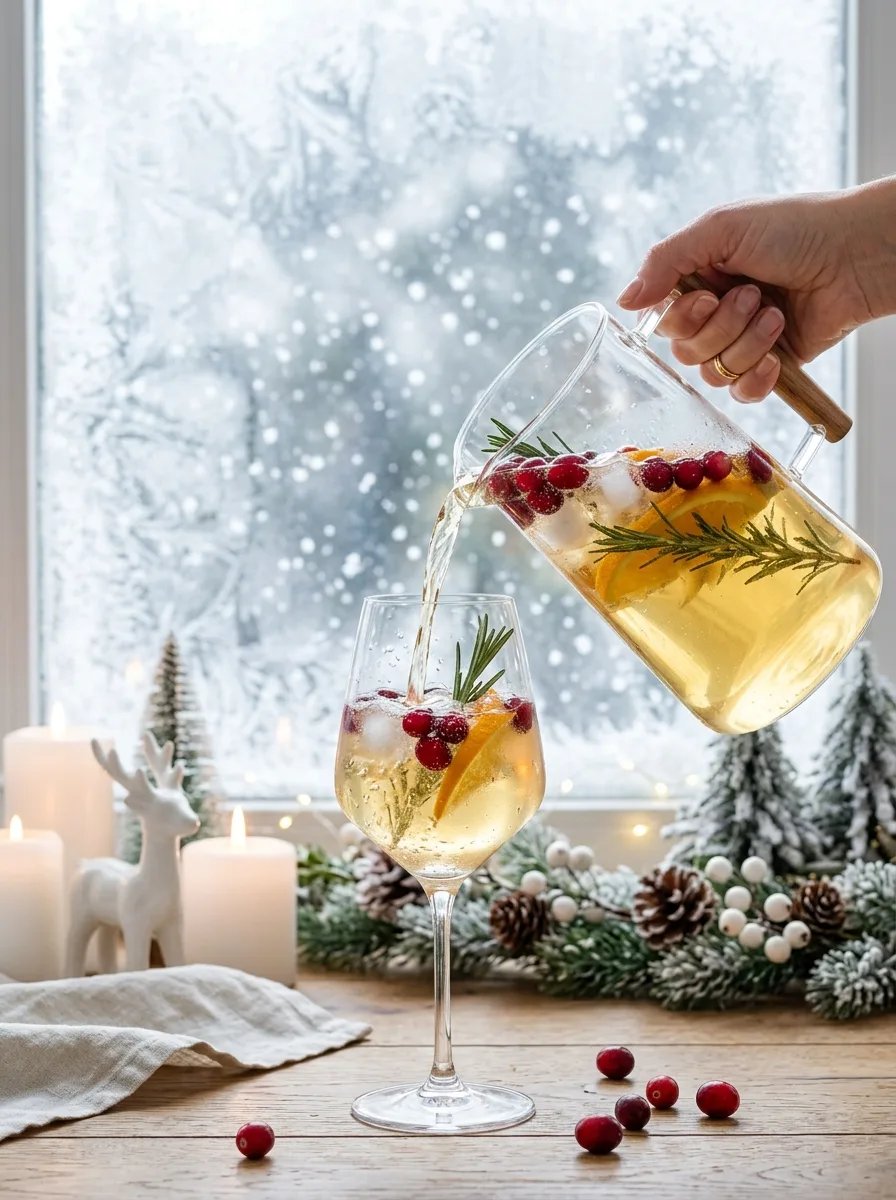 Glasses of white Christmas sangria being poured, with snow falling outside the window.