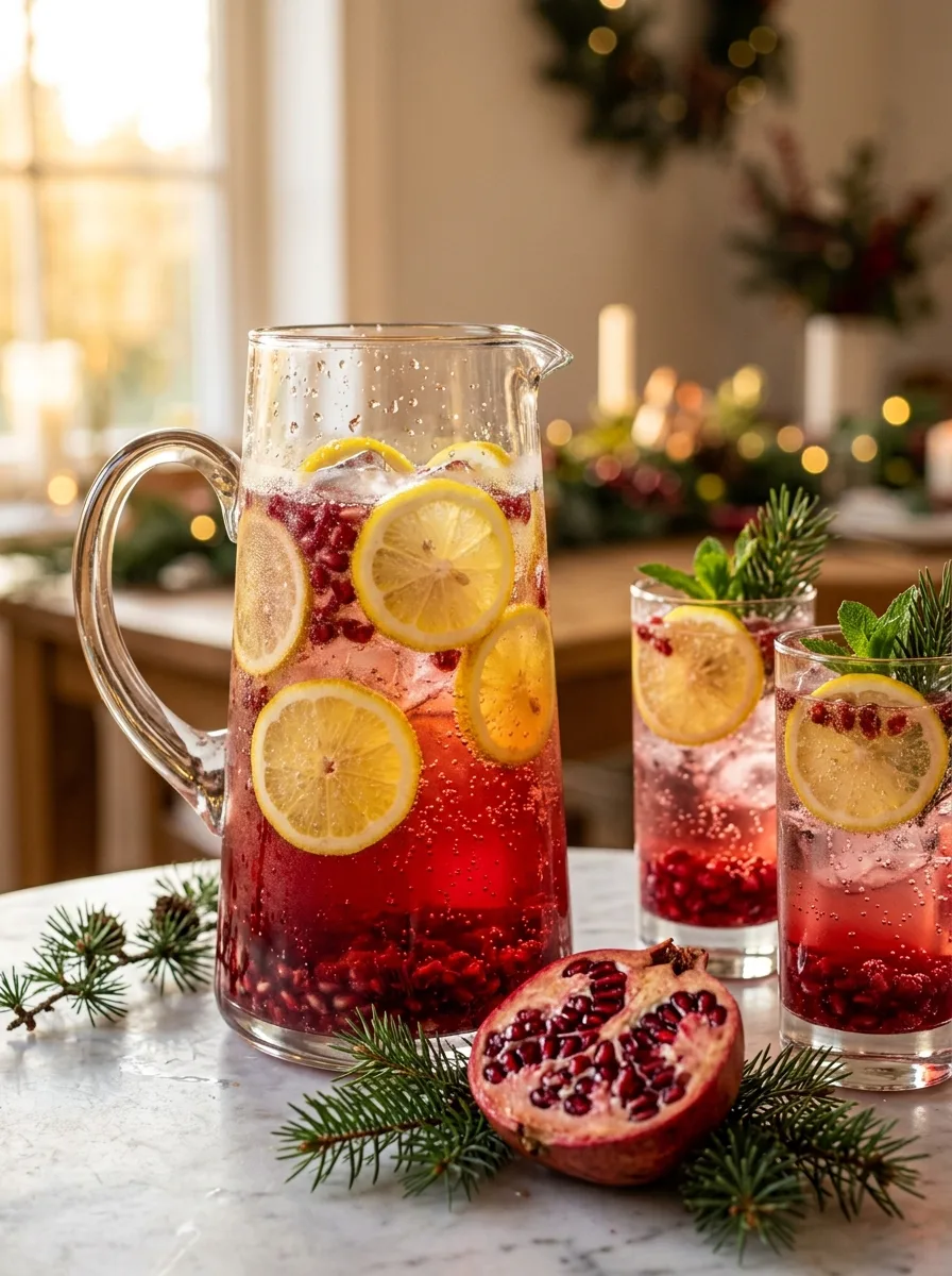 A pitcher of pomegranate gin fizz with pomegranate seeds and lemon wheels.