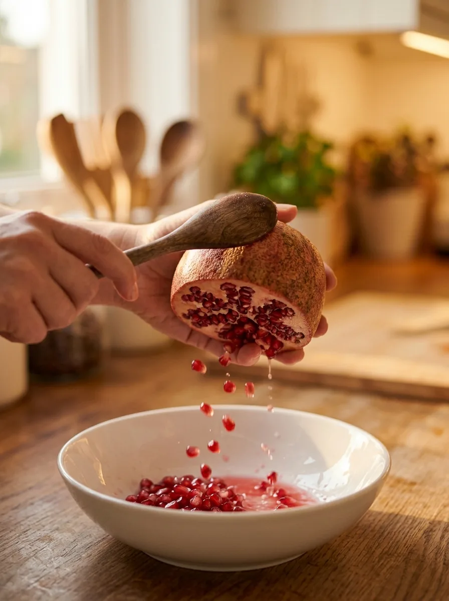 Pomegranate seeds being tapped out of a halved pomegranate into a bowl.