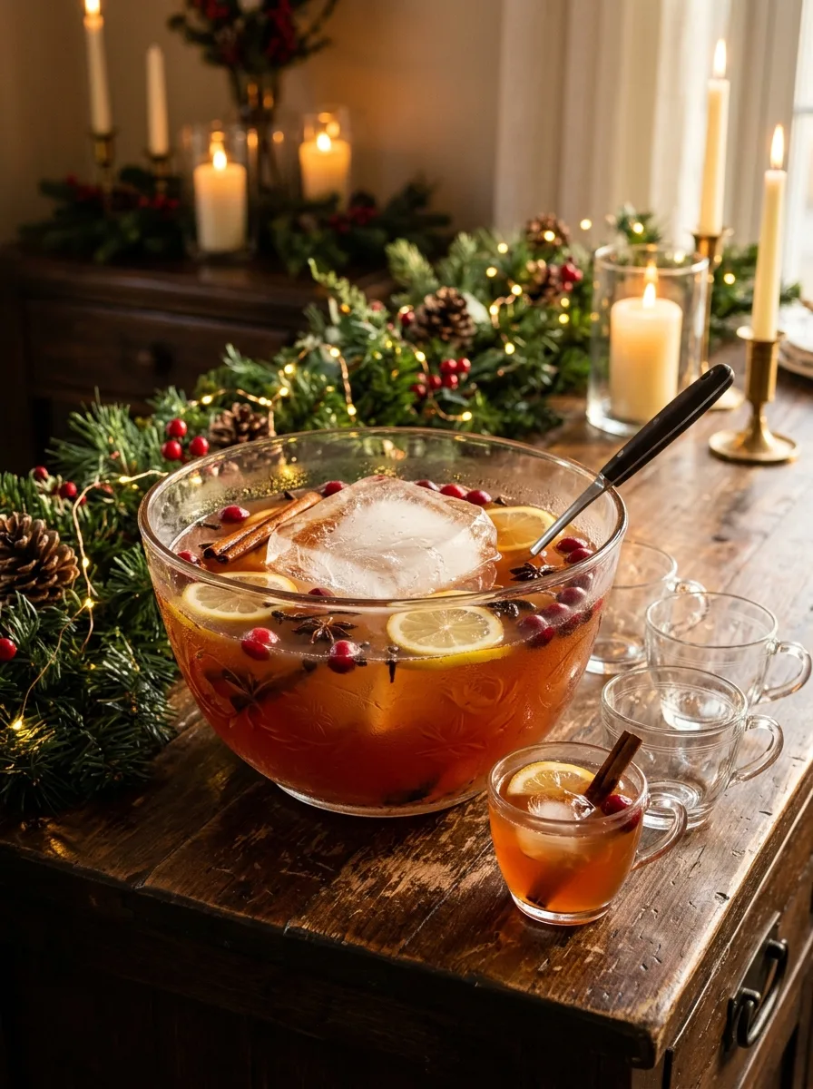 A punch bowl of amber spiced bourbon punch with lemon wheels and cinnamon sticks.