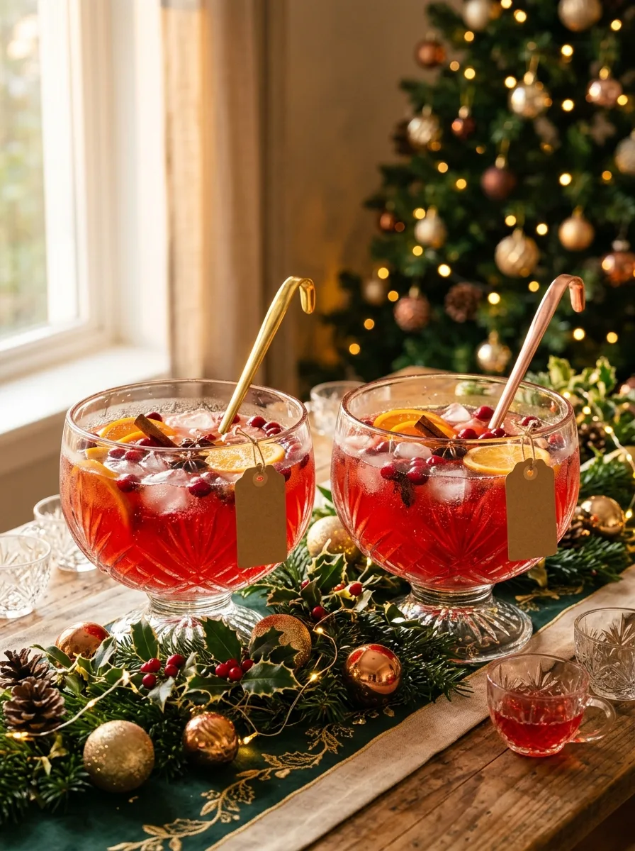 Two matching punch bowls on a holiday table, one with a gold ladle and one with a copper ladle.