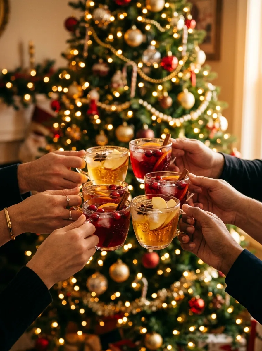 A holiday party with hands holding punch cups in front of a Christmas tree.