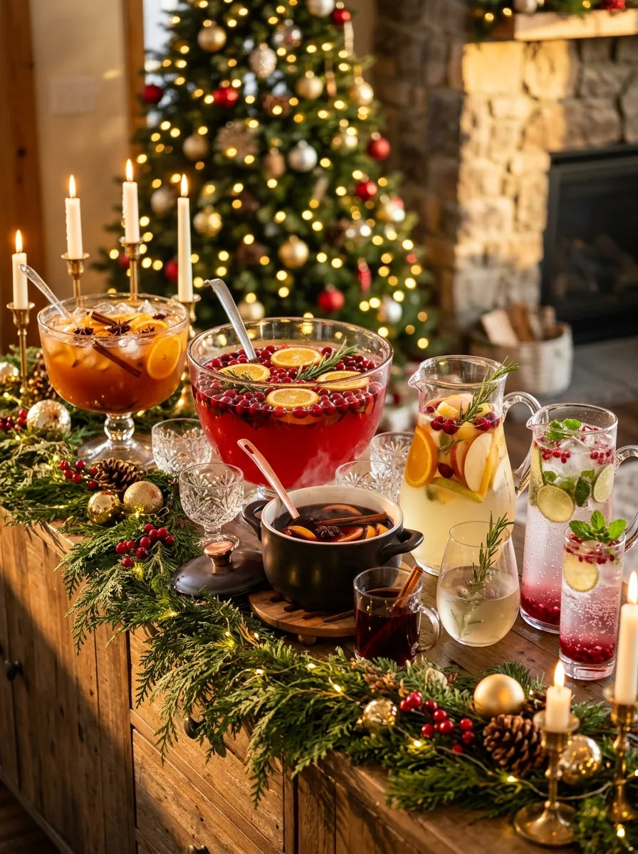 All five Christmas batch drinks on a long holiday sideboard.