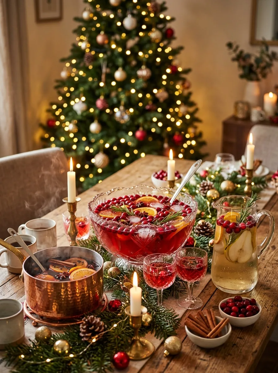 A Christmas party drinks table with a punch bowl of ruby cranberry punch, a pot of steaming mulled wine, and a pitcher of white Christmas sangria with cranberries and rosemary.