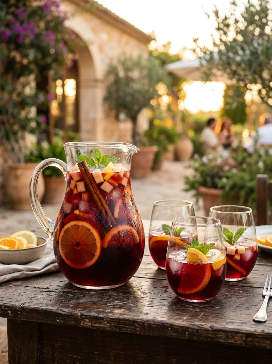 A pitcher of red sangria with orange slices, apple, and cinnamon sticks next to wine glasses.