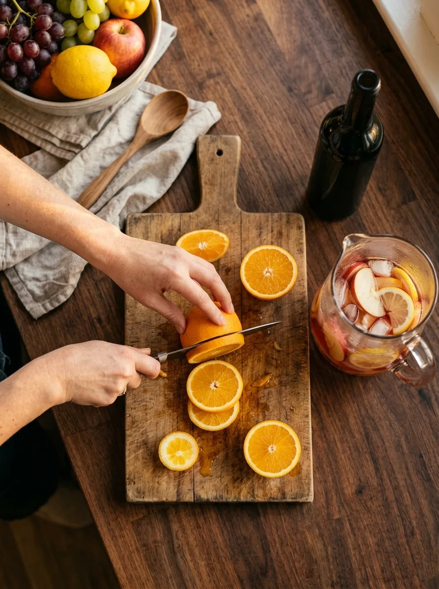 Oranges, apples, and lemons being sliced into a pitcher.