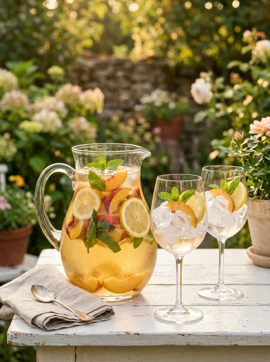 A pale gold white peach sangria in a pitcher with peach slices and mint.