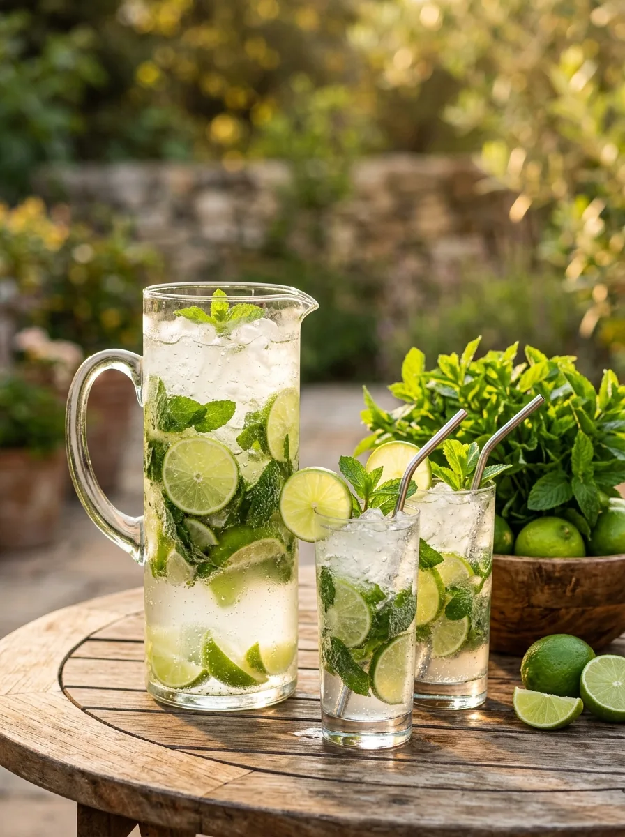 A pitcher of mojitos packed with mint and lime, with tall glasses of crushed ice.