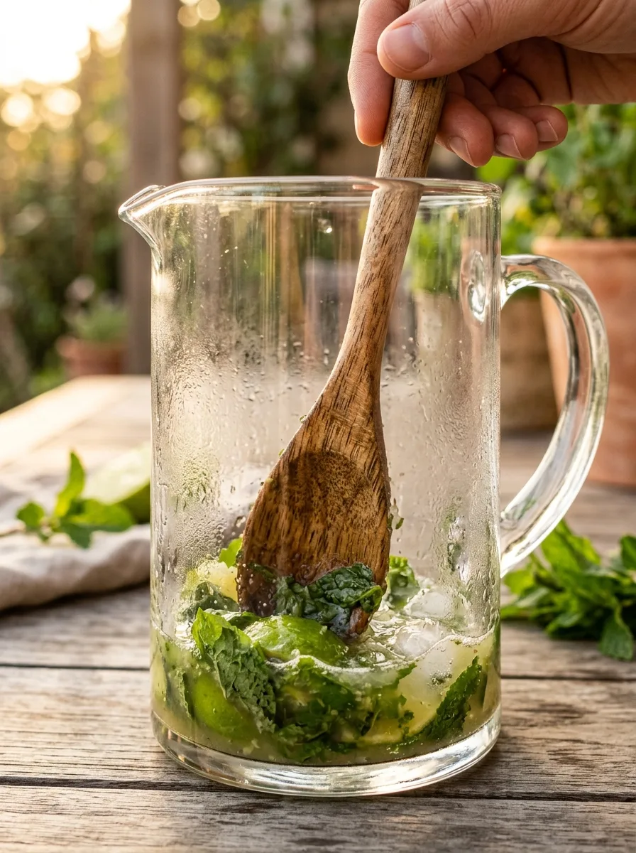 Mint leaves being pressed with a wooden spoon in the bottom of a pitcher.
