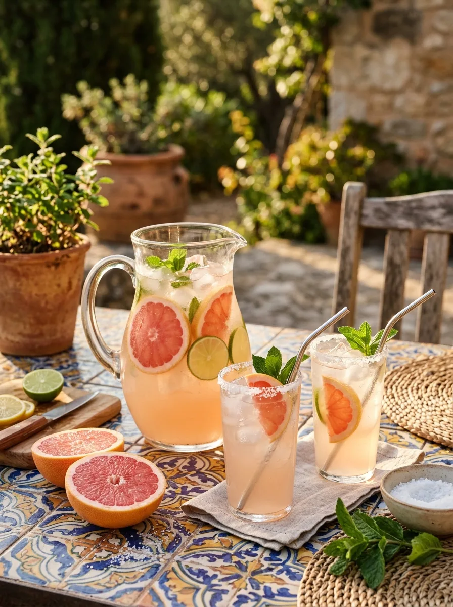 A pitcher of pink palomas with grapefruit wheels, and salt-rimmed glasses.