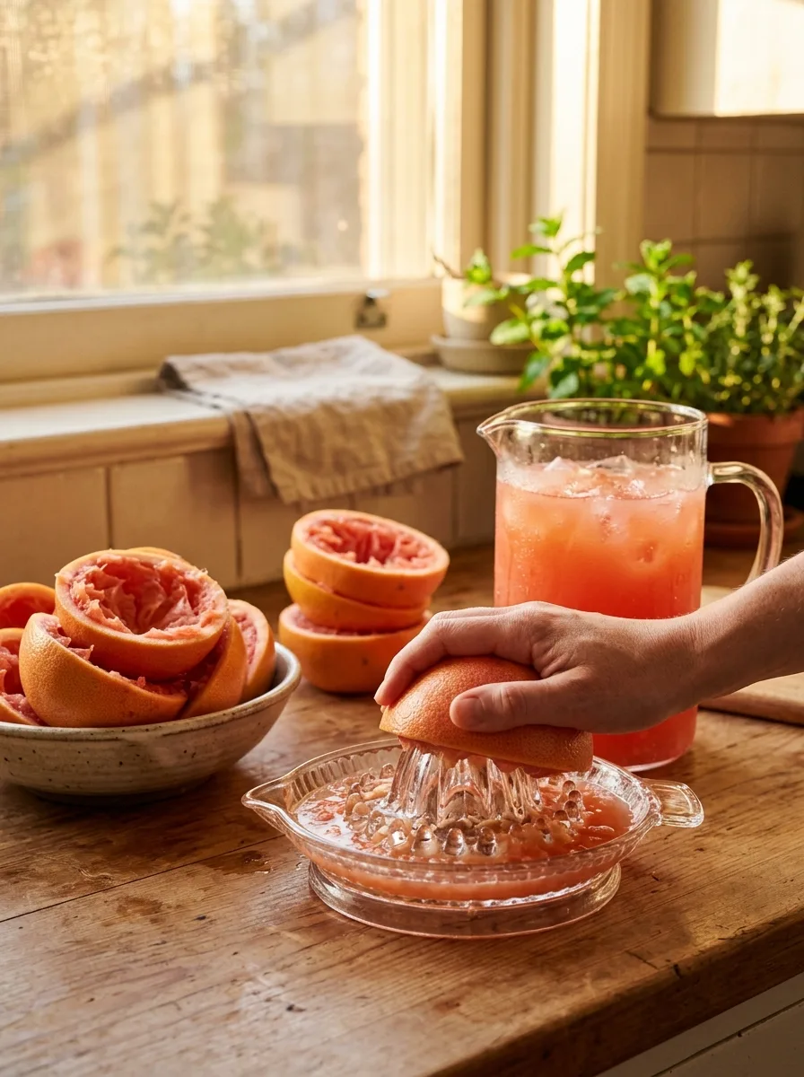 Pink grapefruits being juiced into a large jug.
