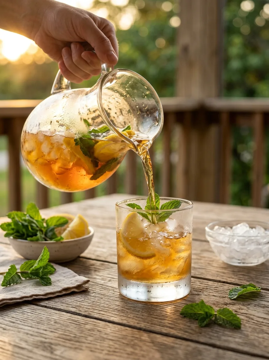 A pitcher of whiskey smash with lemon wedges and mint, poured over crushed ice.