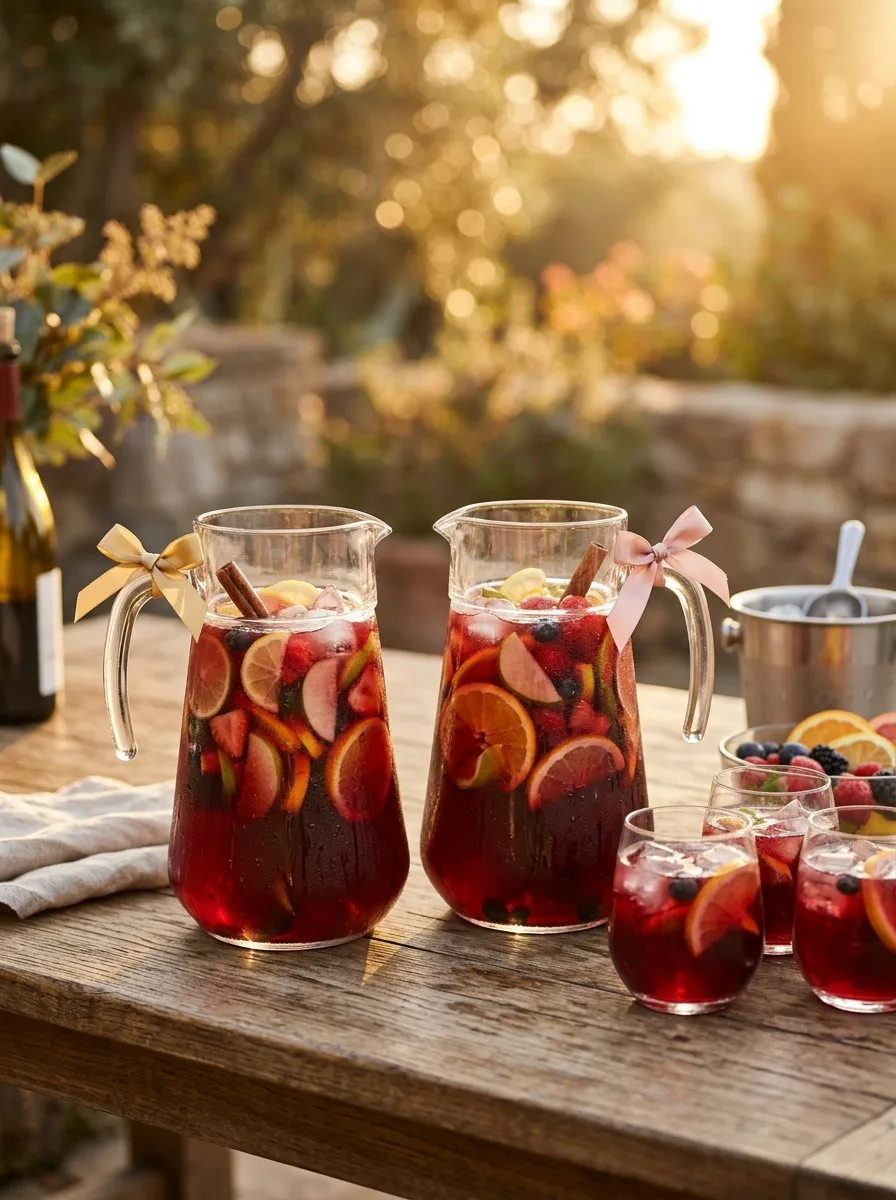 Two matching pitchers of sangria, one with a gold tag and one with a pink tag.