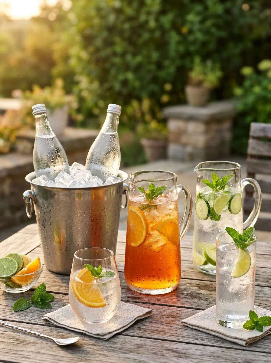 Bottles of club soda and sparkling water chilling in an ice bucket next to pitchers.