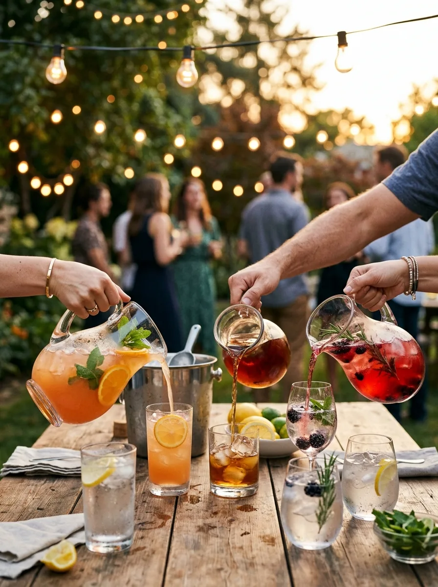 Guests' hands pouring from pitchers at an outdoor party.