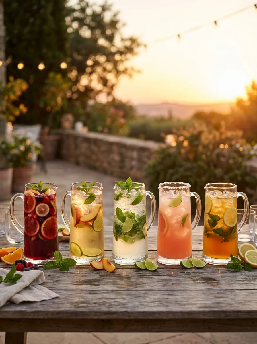 All five pitcher cocktails lined up on a long table at sunset.