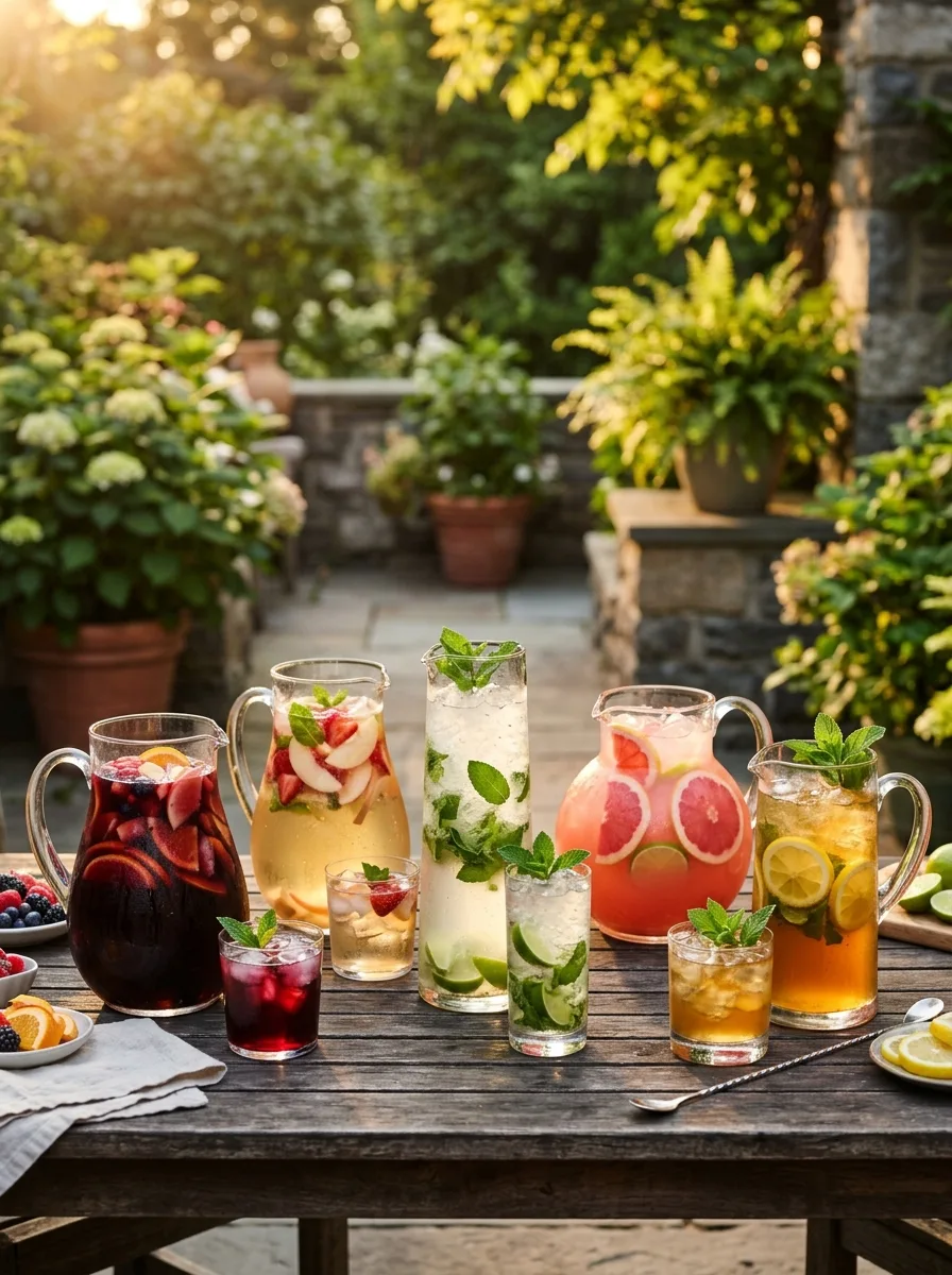 Five glass pitchers of cocktails on an outdoor table: red sangria, white peach sangria, mojitos, pink palomas, and a whiskey smash.