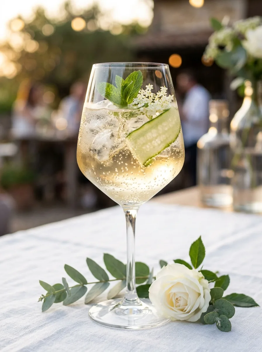 An elderflower gin spritz in a wine glass with cucumber ribbons and mint.