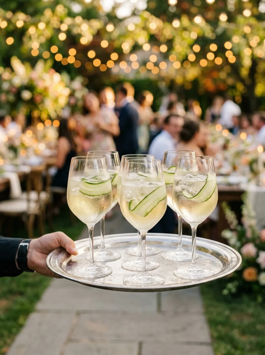 A tray of elderflower spritzes being carried at a garden wedding.