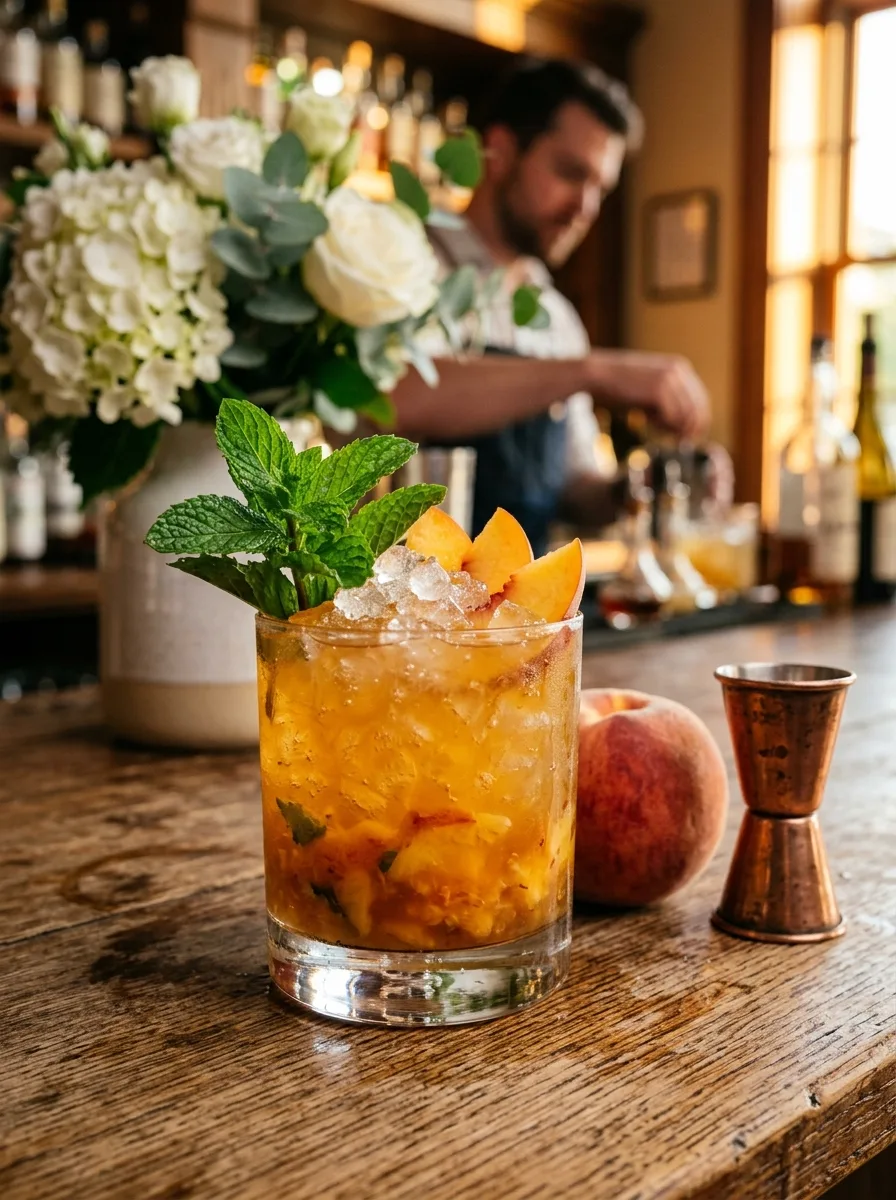 A bourbon peach smash over crushed ice with peach slices and a mint sprig.