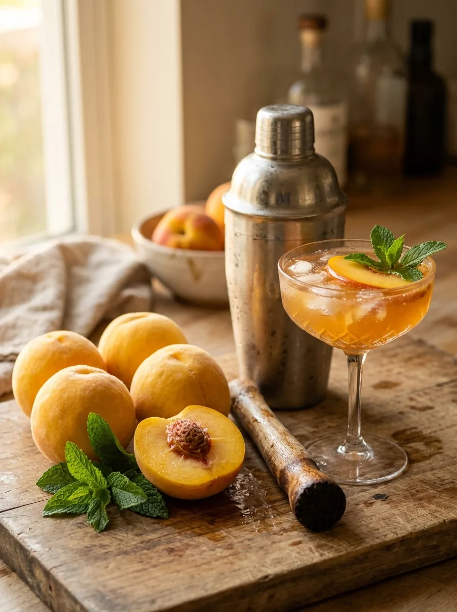 Ripe peaches and mint on a wooden board ready for muddling.